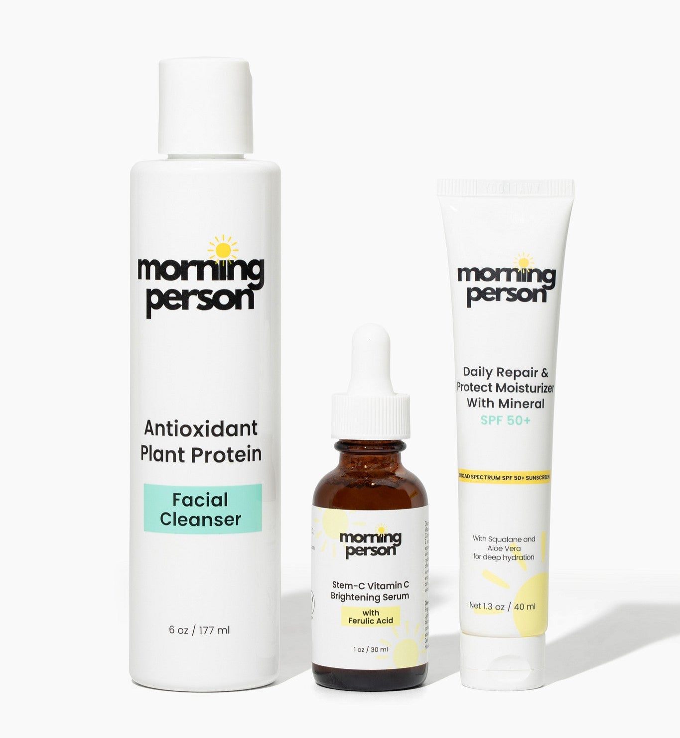 Morning Person Beauty bundle featuring facial cleanser, brightening serum, and SPF moisturizer for 3 step morning skin care routine to brighten, repair and protect skin