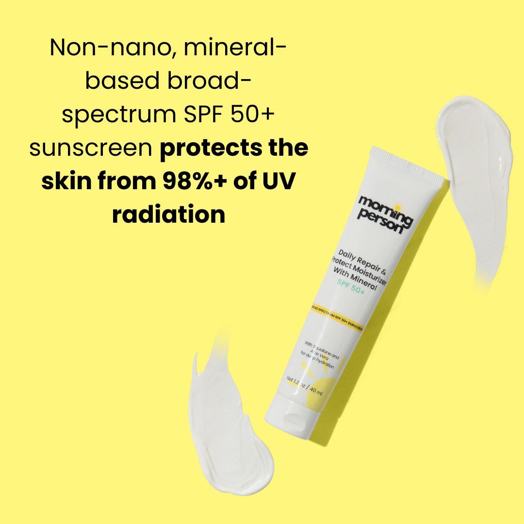 Morning Person Beauty bundle featuring mineral-based SPF 50 sunscreen in 3 step morning skin care routine to brighten, repair and protect skin