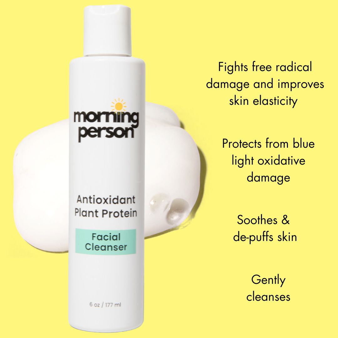 Morning Person Beauty antioxidant plant protein face cleanser bottle with creamy texture on yellow background