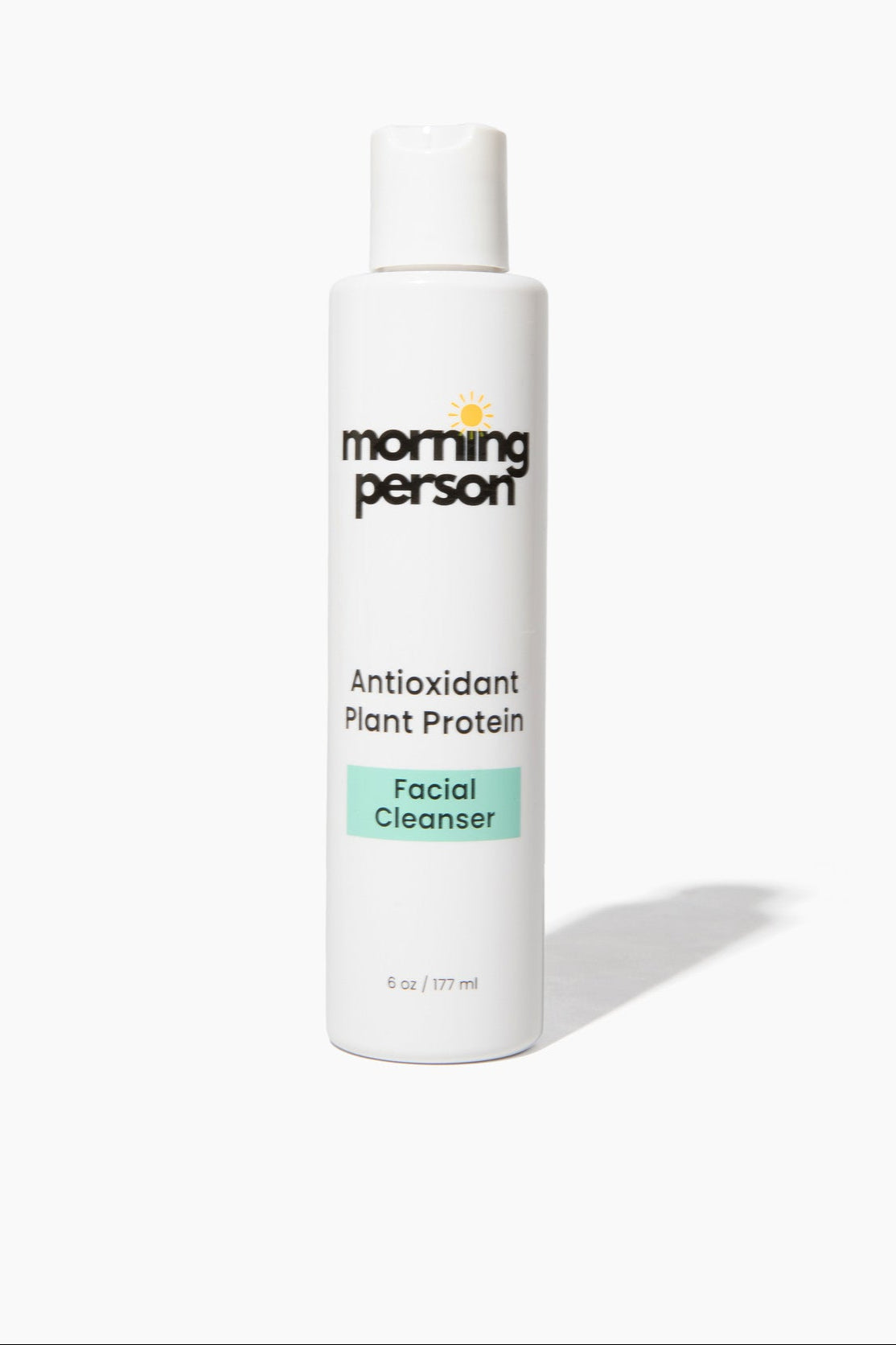 Morning Person Beauty antioxidant plant protein face cleanser in a white bottle with flip cap