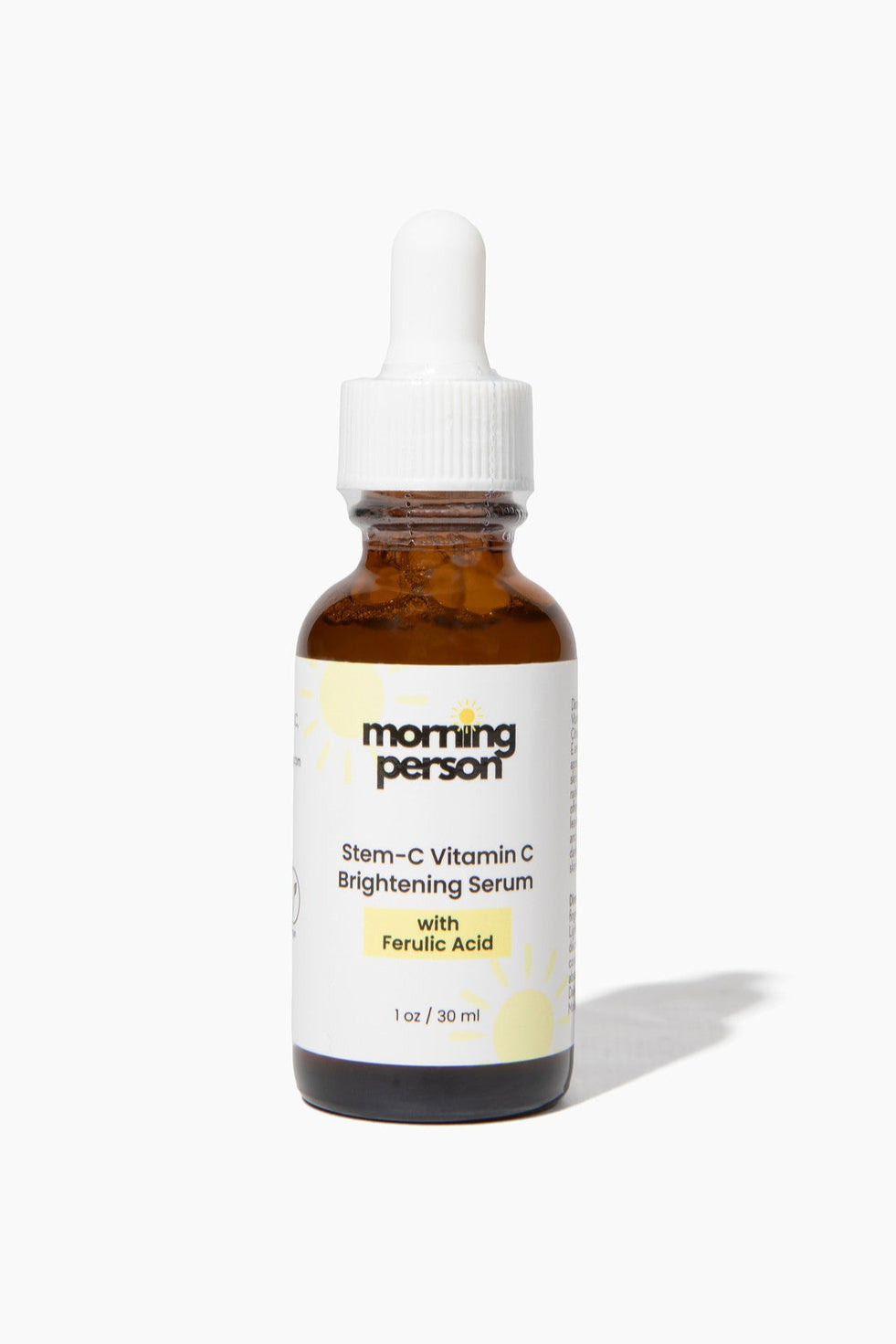 Morning Person vitamin c brightening serum with ferulic acid in amber dropper bottle