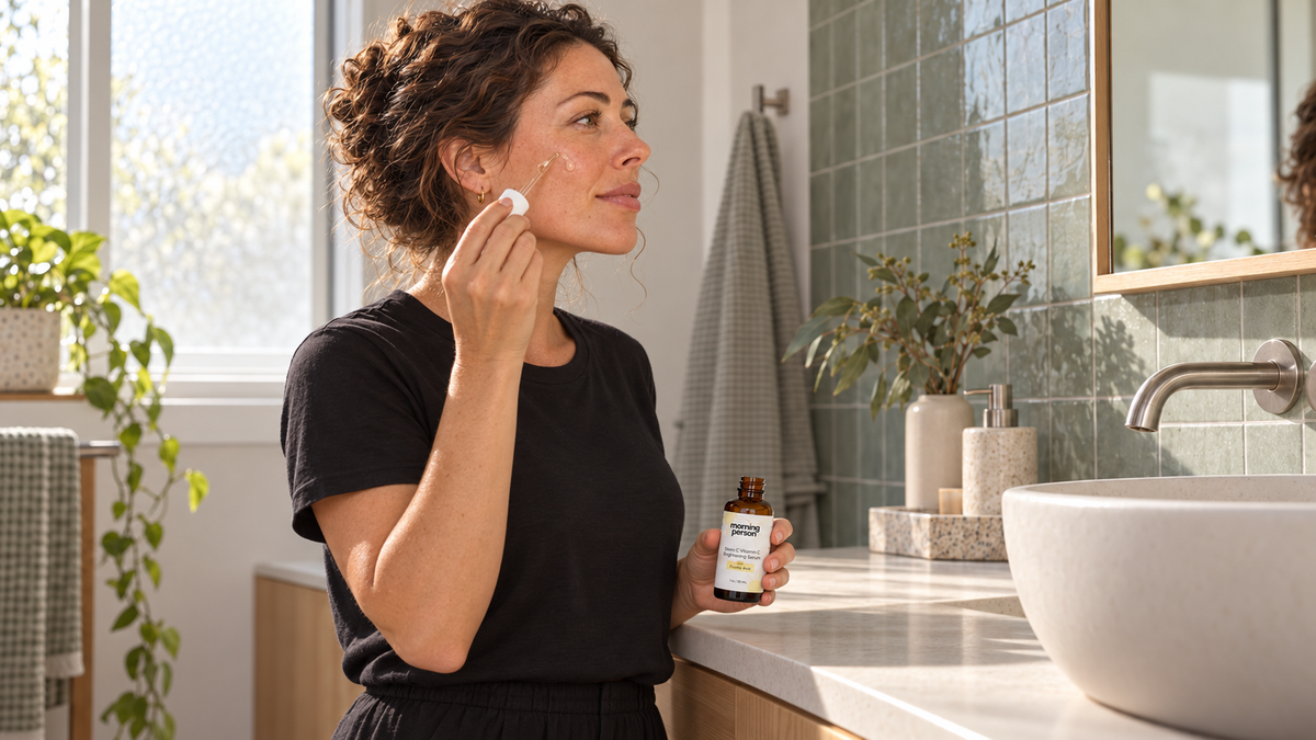 Woman standing in a bathroom with green tiles applying vitamin C serum in a dropper