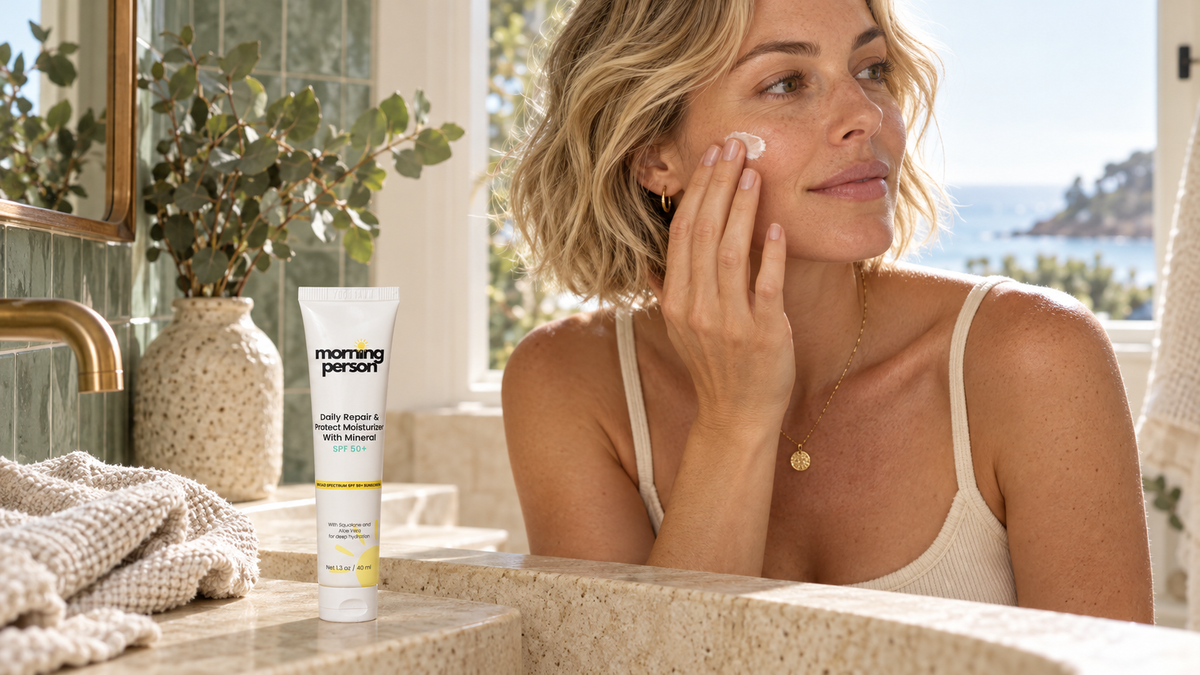 Woman applying Moisturizer with Mineral SPF 50+ in a bathroom