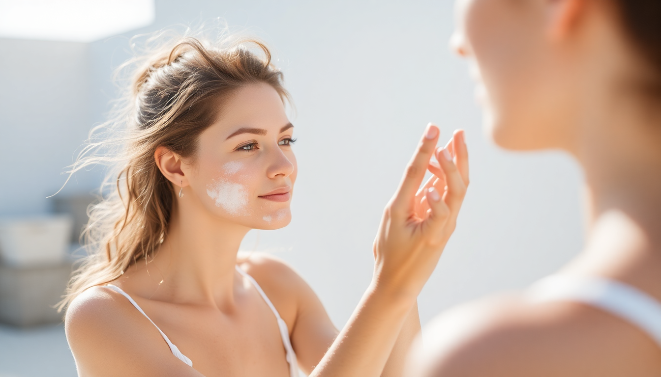 A woman applying mineral SPF lotion outdoors