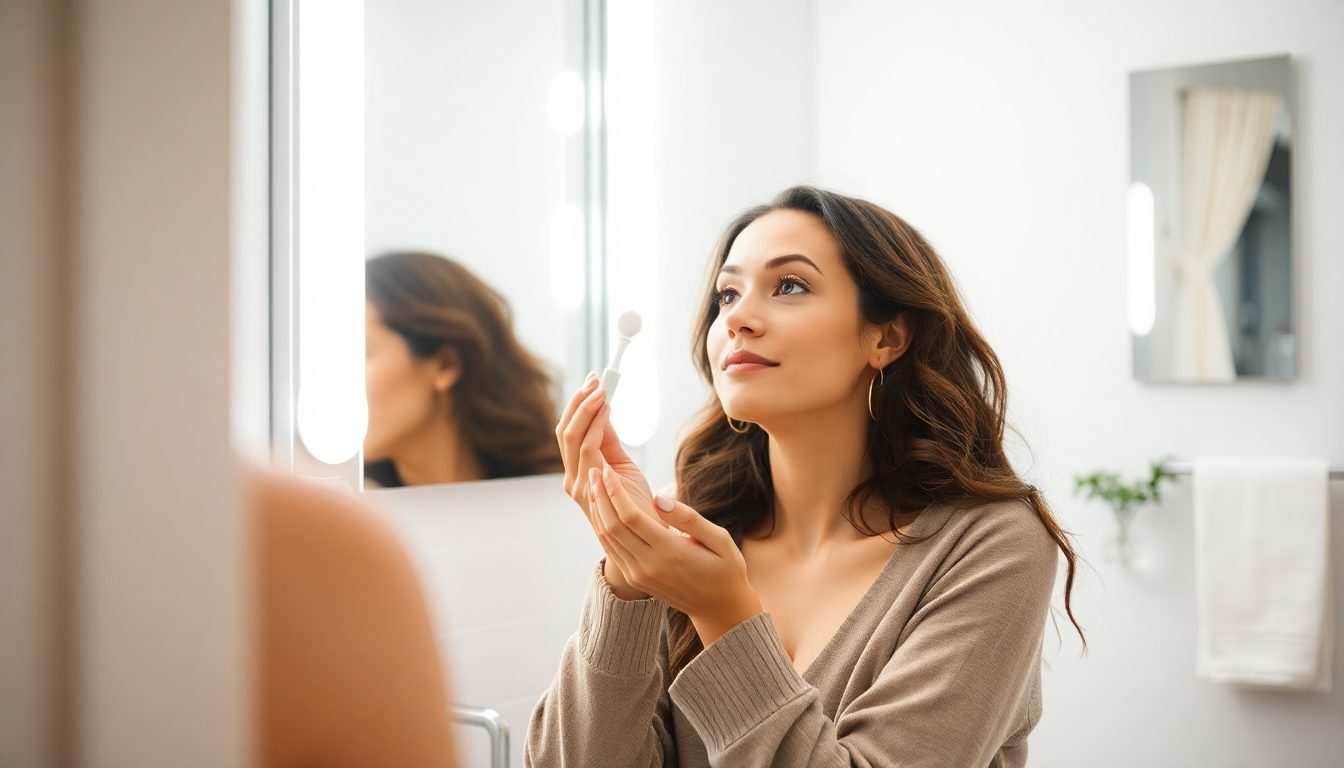 A woman applying moisturizer in a bright bathroom