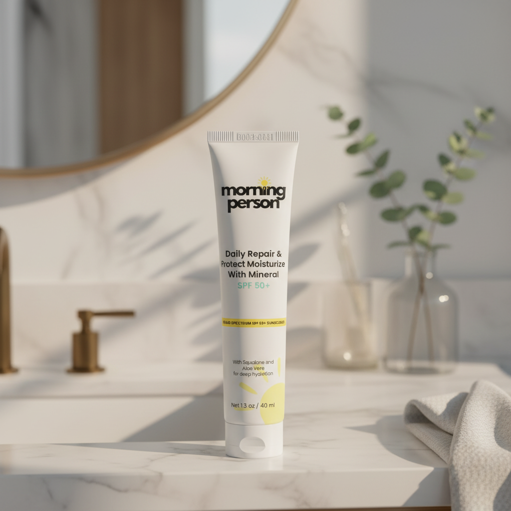Tube of 'morning person' daily repair moisturizer on a bathroom counter
