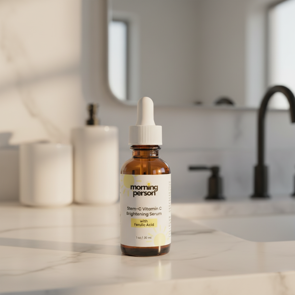 Vitamin C Brightening Serum in a bathroom