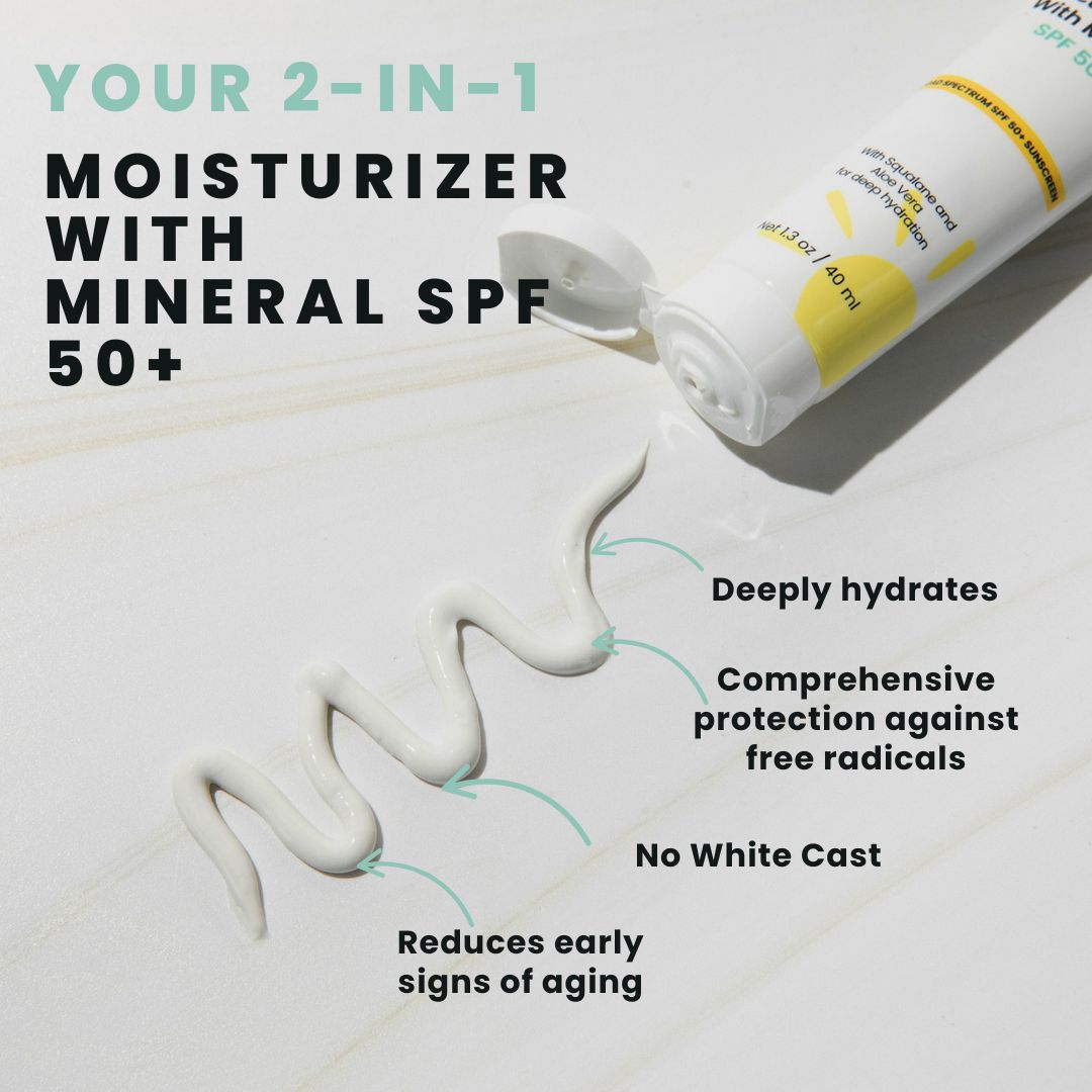 Morning Person Beauty 3 step morning skin care routine to brighten repair and protect skin with SPF 50 moisturizer tube and cream