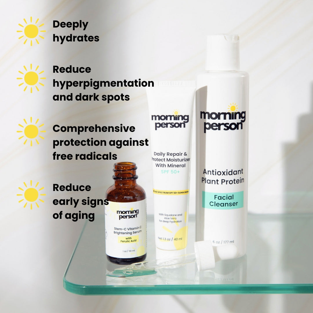 Morning Person Beauty bundle displaying 3 step morning skin care routine to brighten, repair and protect skin with cleanser, moisturizer, and serum
