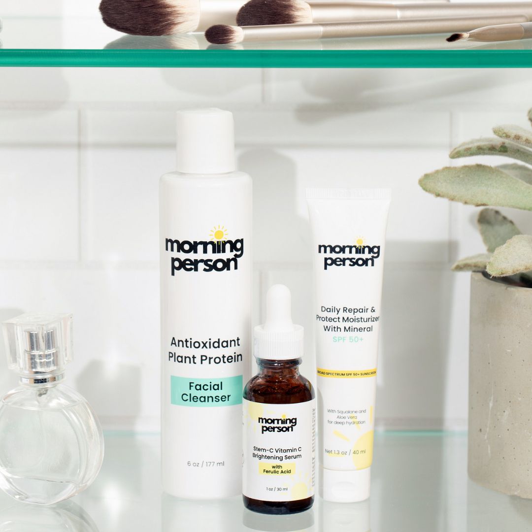 Morning Person Beauty 3 step morning skin care routine to brighten repair and protect skin bundle with facial cleanser serum and moisturizer