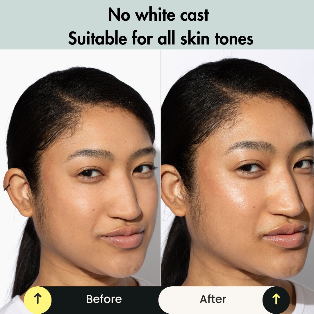 Before and after photos showing no white cast and natural glow using Morning Person Beauty moisturizer with mineral SPF 50